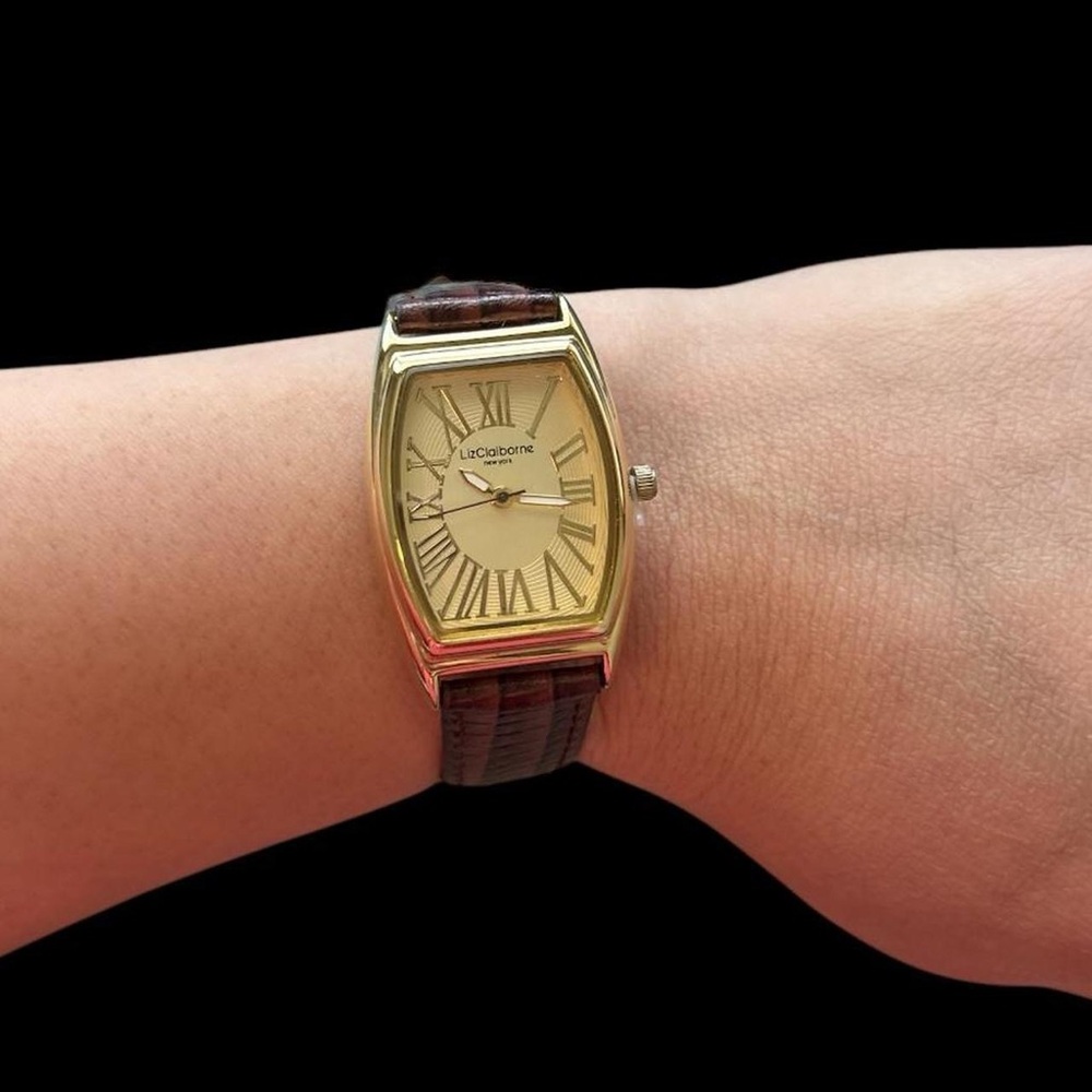 Vintage Liz Claiborne Gold Watch with brown leather strap
